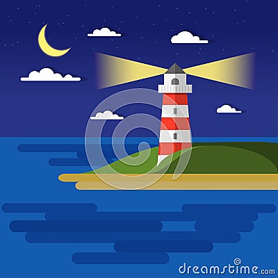 Flat summer vector night landscape. Travel and sailing concept template with moon, sea, lighthouse. Outdoor Tourism Vector Illustration