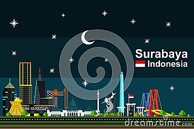 Flat Surabaya Cityscape at Night Vector Illustration