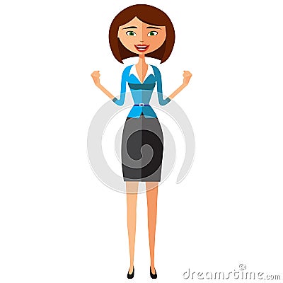 Flat surprised business woman throwing up his hands. Young confident business lady approving something. Cheerful business girl joy Vector Illustration