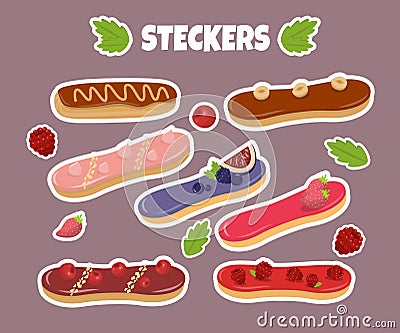 Flat Sweet Eclairs Cartoon Isolated Stickers Set Vector Illustration