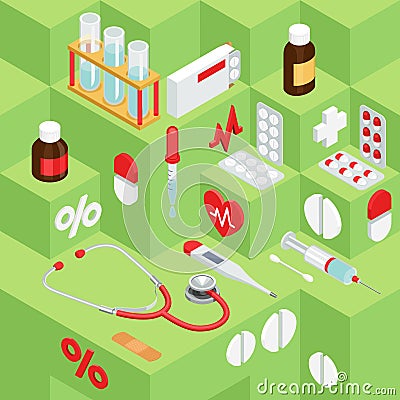 Flat symbols for ad about pharmacy, medical items Vector Illustration