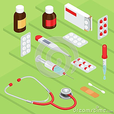 Flat symbols for ad about pharmacy, medical items Vector Illustration