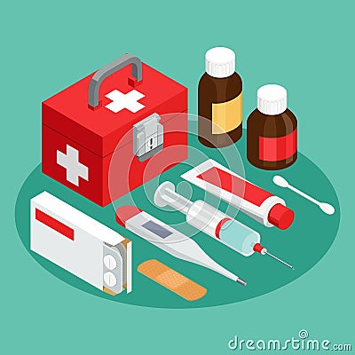 Flat symbols for ad about pharmacy, medical items Vector Illustration