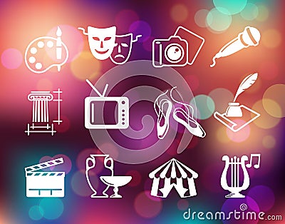 Symbols of culture, arts and entertainment on the Colorful background with defocused lights Vector Illustration