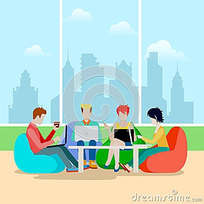 Flat team laptops urban skyscraper landscape vecto Vector Illustration