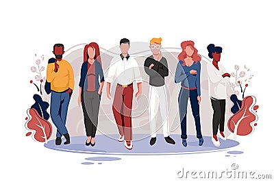 Flat team with men and women with glasses, red, blonde and dark hair Cartoon Illustration