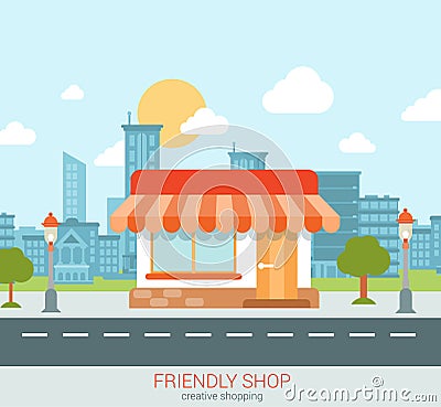 Flat tiny friendly shop small business city web concept vector Vector Illustration