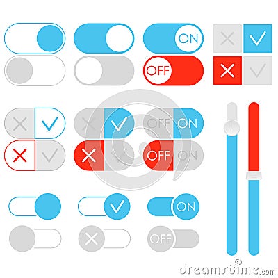 Flat toggle switch set, light theme. On and Off blue sliders. Template for app and website. Vector Illustration
