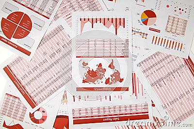 Flat top view of business workspace - reports with data, tables and analytic chart. Business financial accounting concept Stock Photo