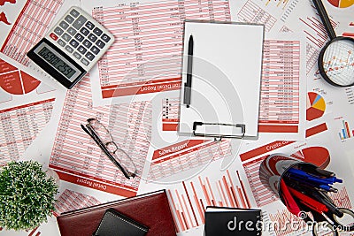 Flat top view of business workspace - reports with data, tables and analytic chart. Business financial accounting concept Stock Photo