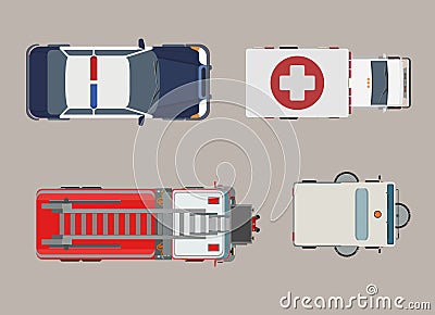 Flat Top view police ambulance fire engine Vector Illustration