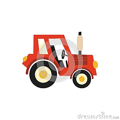 Flat tractor on white background. Red tractor icon - vector illustration. Agricultural tractor - transport for farm in flat style Vector Illustration