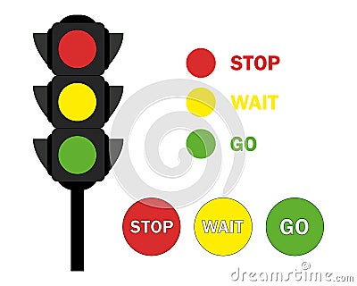 Flat traffic lights with three colors - red, yellow, green. Set traffic light illustration with text, colored badges Vector Illustration