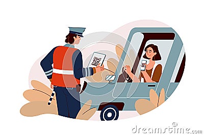 Flat traffic police inspector check digital driver licence of woman Vector Illustration