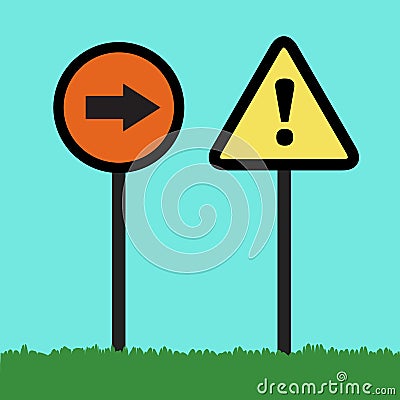 Flat Traffic signs warning on grass and sky Vector Illustration