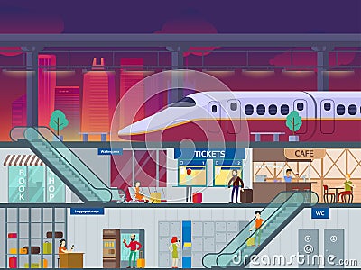 Flat Train Station Night Time Concept Vector Illustration