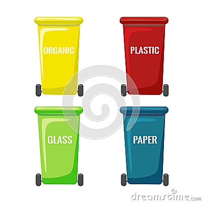 flat trash bins collection isolated on white background. Wheels cans for separate garbage collection. colored containers for Cartoon Illustration