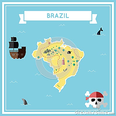 Flat treasure map of Brazil. Vector Illustration