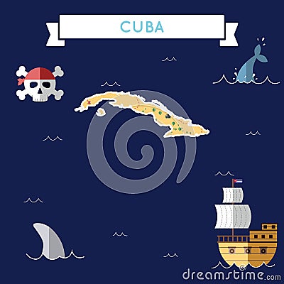 Flat treasure map of Cuba. Vector Illustration