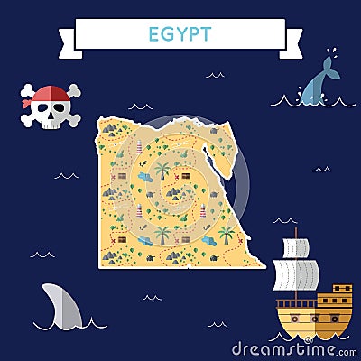 Flat treasure map of Egypt. Vector Illustration