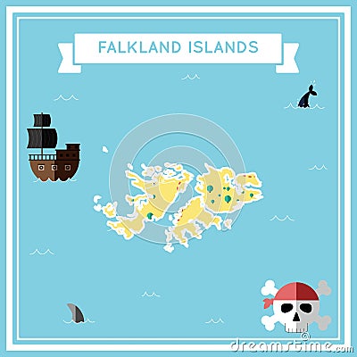 Flat treasure map of Falkland Islands Malvinas. Vector Illustration