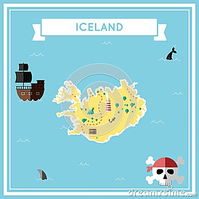 Flat treasure map of Iceland. Vector Illustration