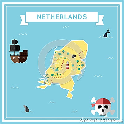 Flat treasure map of Netherlands. Vector Illustration