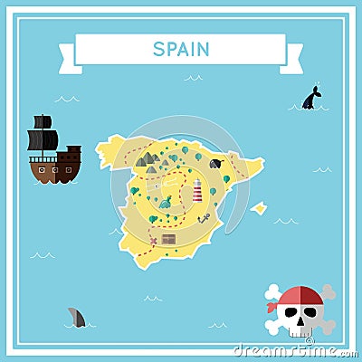 Flat treasure map of Spain. Vector Illustration