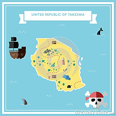 Flat treasure map of Tanzania, United Republic of. Vector Illustration