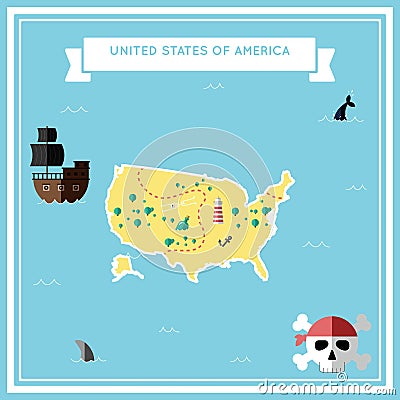 Flat treasure map of United States. Vector Illustration