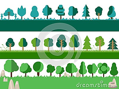 Flat trees, rocks, bushes and grass. Trees set in a flat design. Vector Illustration