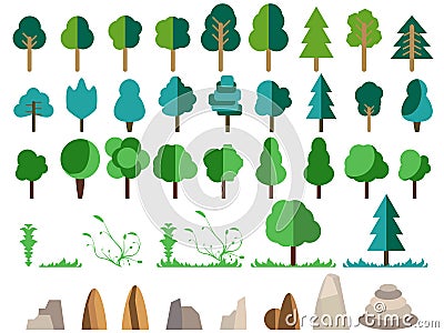 Flat trees, rocks, bushes and grass. Trees set in a flat design. Vector Illustration