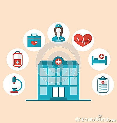 Flat trendy icons of hospital and another medical objects, modern flat style Vector Illustration