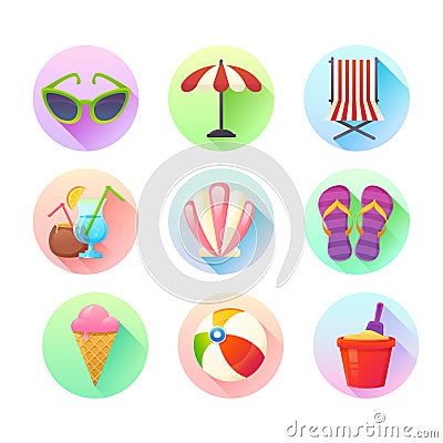 Flat trendy summer colorful icons set Vector Illustration