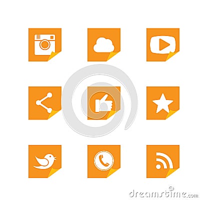 Flat turned paper button designs of camera, like, messenger bird Vector Illustration