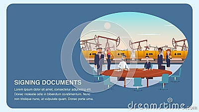 Flat Two Businessman in Process Signing Documents Vector Illustration