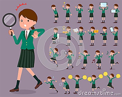 Flat type school girl Green Blazer_2 Vector Illustration