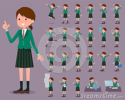 Flat type school girl Green Blazer_1 Vector Illustration