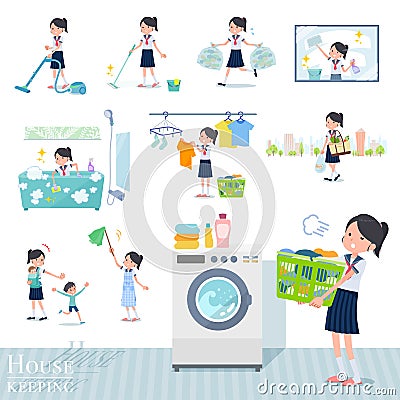 Flat type school girl Sailor suit summer_housekeeping Vector Illustration