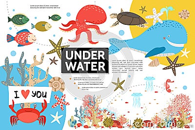 Flat Underwater Life Infographic Template Vector Illustration