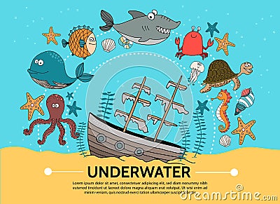 Flat Underwater World Concept Vector Illustration