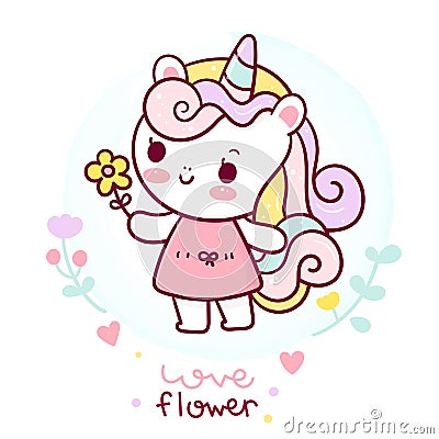 Flat unicorn fairy cartoon Pony Child vector with flower Kawaii style: Series Fairytale animals Girly doodles. Vector Illustration