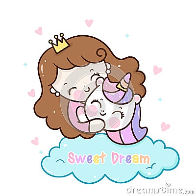 Flat unicorn fairy cartoon Pony Child vector hug princess Kawaii girl sweet dream Vector Illustration