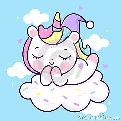 Flat unicorn fairy cartoon Pony Child vector magic sleep sweet dream with candy cloud Vector Illustration