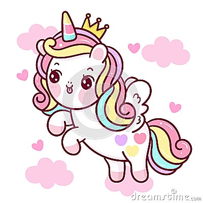 Flat unicorn fairy cartoon princess Pegasus pony child vector on cloud kawaii animals background Vector Illustration