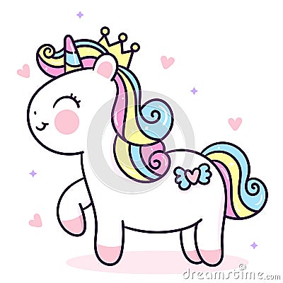 Flat unicorn princess fairy cartoon Pony Child vector with pastel heart Vector Illustration