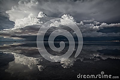 Flat uyuni salt and desert , infinite mirror and water, blue, sunset, landscape, siluettes, storms, beautiful, awesome, paradise, Stock Photo