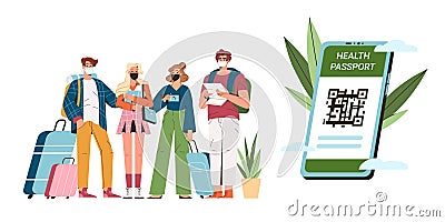 Flat vaccinated teen travelers with digital covid health passport Vector Illustration