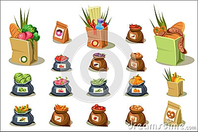Flat vectoe set of farm products. Natural food. Bags full of fresh vegetables, fruits and tasty pastry. Elements for Vector Illustration