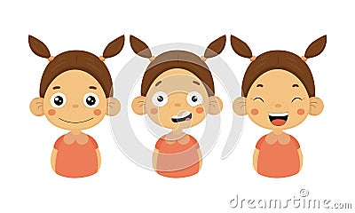 Flat vectoe set of little girl with different emotions. Smiling, confused and happy face. Cute child with two ponytails Vector Illustration